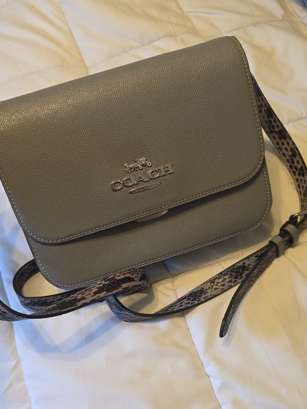Coach Silver-Gray Crossbody with Snakeskin Accent Strap